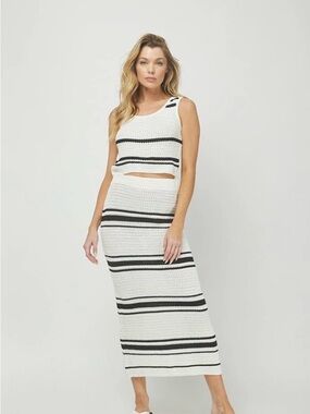 Needii STRIPED SWEATER MAXI SKIRT Crop Top Set Crochet Black White Small